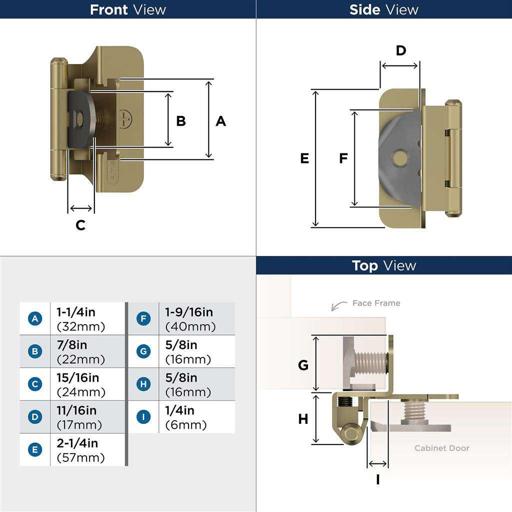 AMEROCK Double Demountable 1/4" Overlay Cabinet Hinge (pair) in Golden Champagne BPR8701BBZ Specs