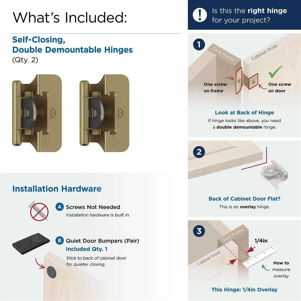 AMEROCK Double Demountable 1/4" Overlay Cabinet Hinge (pair) in Golden Champagne BPR8701BBZ What's Included