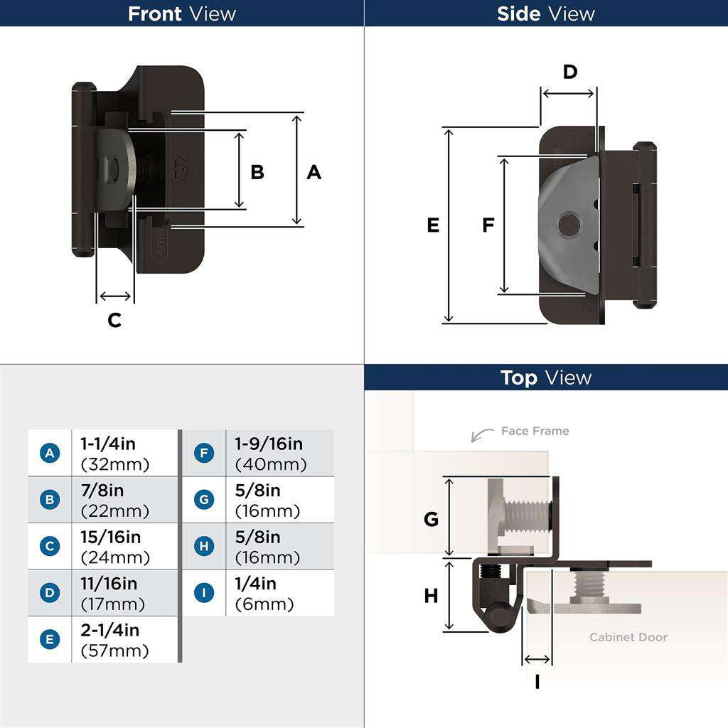 AMEROCK Double Demountable 1/4" Overlay Cabinet Hinge (pair) in Oil Rubbed Bronze BPR8701ORB Specs