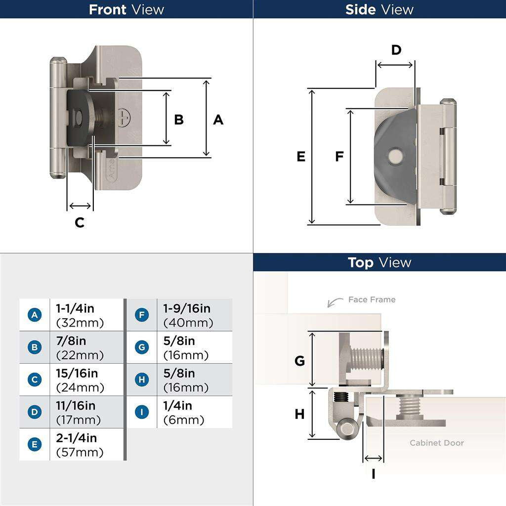 AMEROCK Double Demountable 1/4" Overlay Cabinet Hinge (pair) in Satin Nickel BPR8701G10 Specs