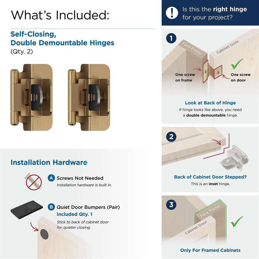 AMEROCK Double Demountable 3/8" Inset Cabinet Hinge (pair) in Champagne Bronze BPR8700CZ What's Included