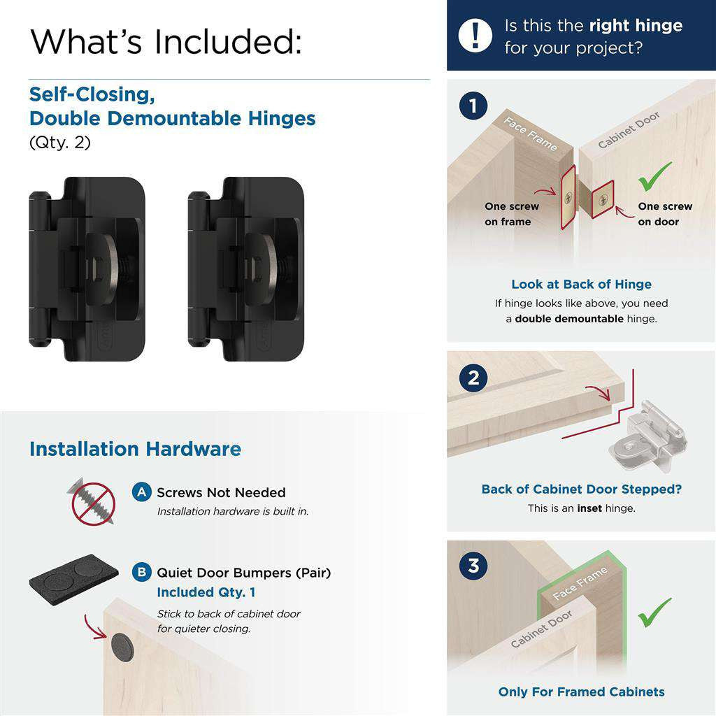 AMEROCK Double Demountable 3/8" Inset Cabinet Hinge (pair) in Flat Black BPR8700FB What's Included