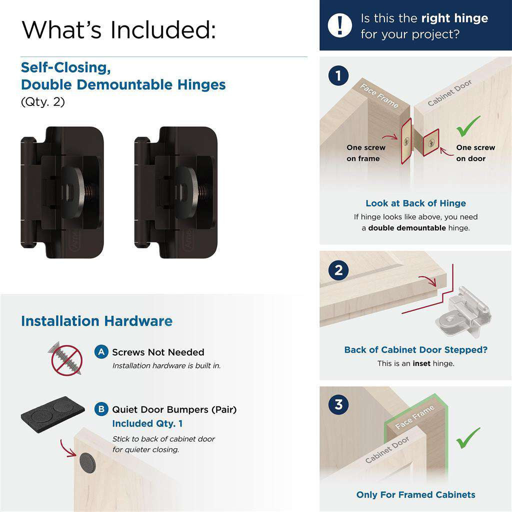 AMEROCK Double Demountable 3/8" Inset Cabinet Hinge (pair) in Oil Rubbed Bronze BPR8700ORB What's Included