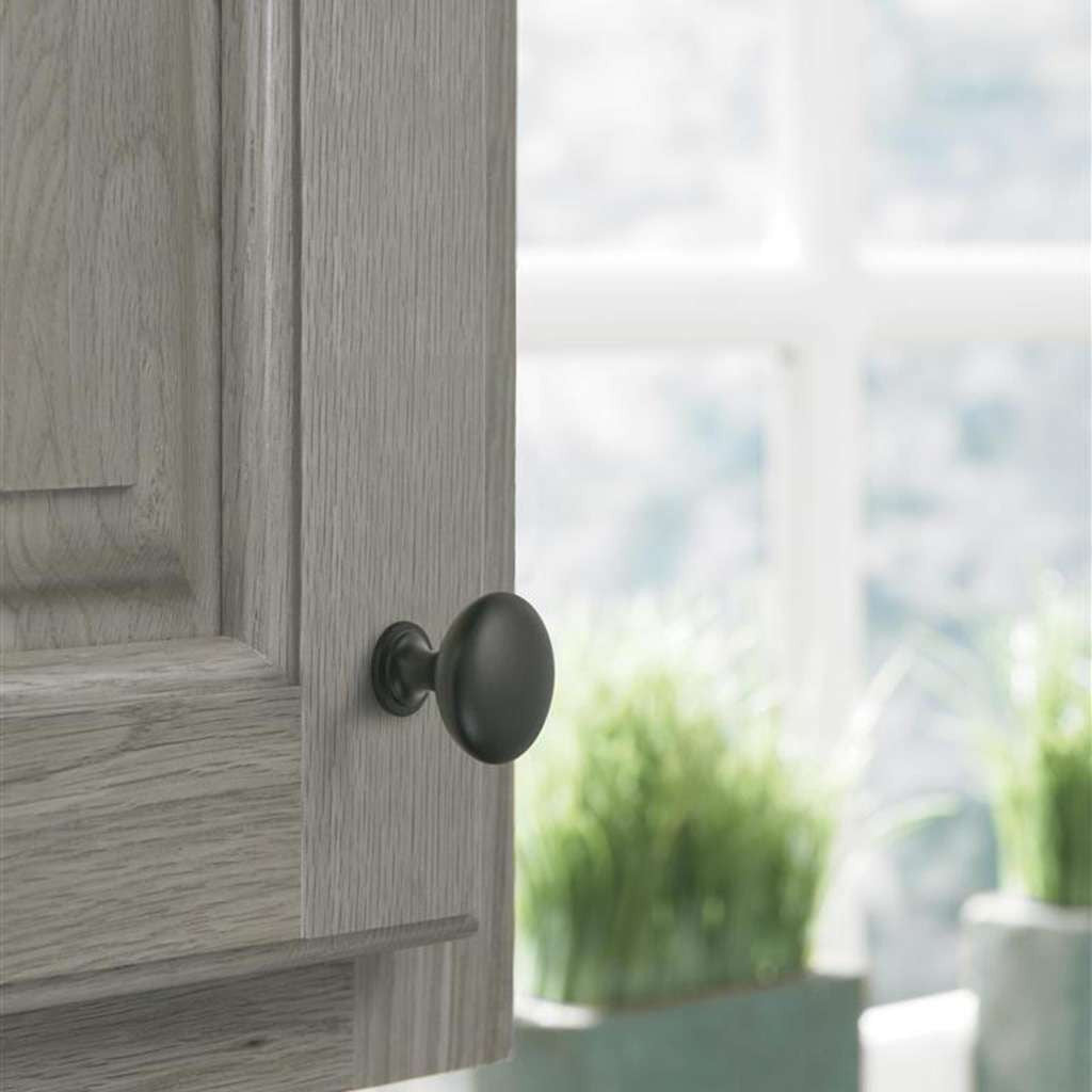 AMEROCK Edona 1-1/4" Diameter Mushroom Cabinet Knob in Flat Black BP53005FB on Gray