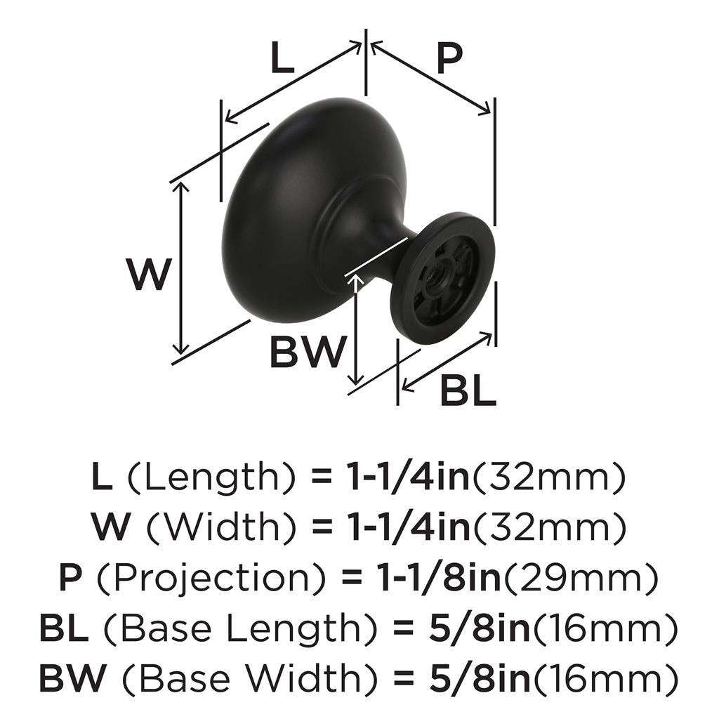 AMEROCK Edona 1-1/4" Diameter Mushroom Cabinet Knob in Flat Black BP53005FB Specs