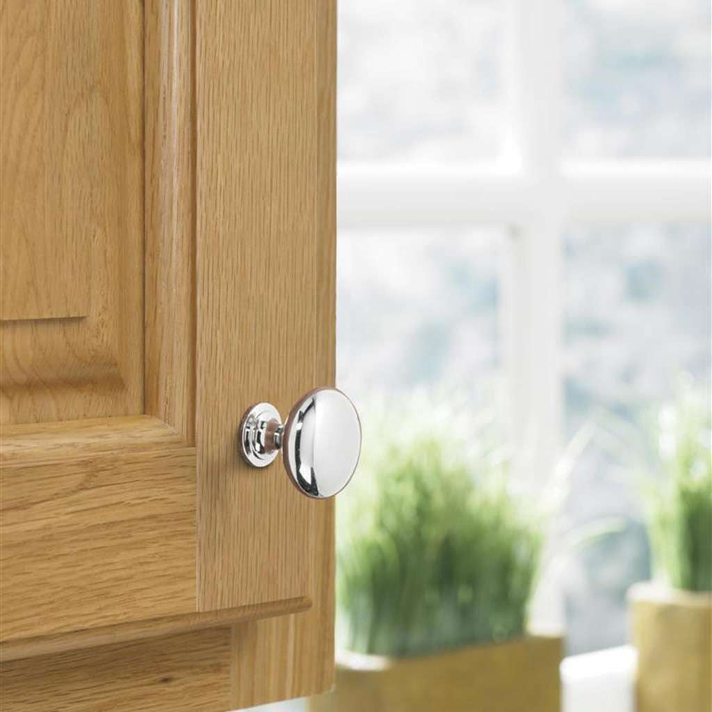 AMEROCK Edona 1-1/4" Diameter Mushroom Cabinet Knob in Polished Chrome BP5300526 on Wood
