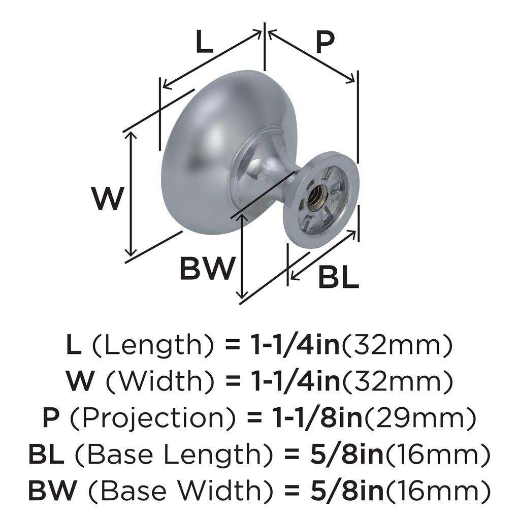 AMEROCK Edona 1-1/4" Diameter Mushroom Cabinet Knob in Polished Chrome BP5300526 Specs