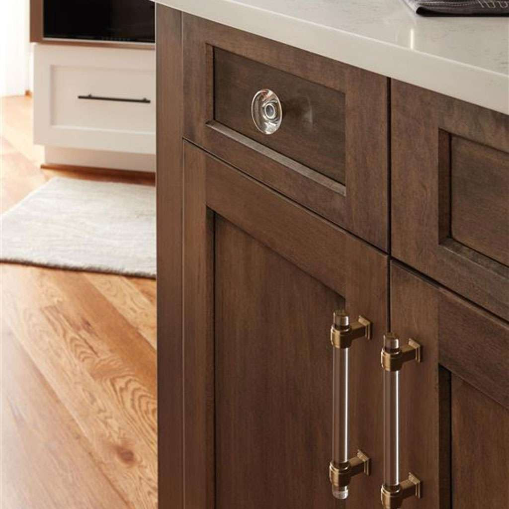 AMEROCK Glacio 1-3/4" Diameter Glass Cabinet Knob in Clear and Black Bronze BP36652CBBR on Dark Brown