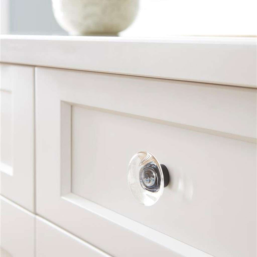 AMEROCK Glacio 1-3/4" Diameter Glass Cabinet Knob in Clear and Black Bronze BP36652CBBR on White