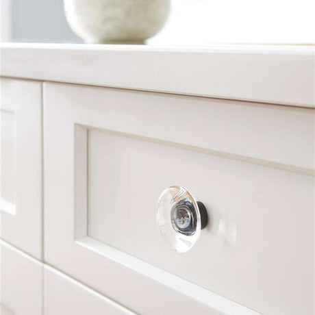 AMEROCK Glacio 1-3/4" Diameter Glass Cabinet Knob in Clear and Black Bronze BP36652CBBR on White