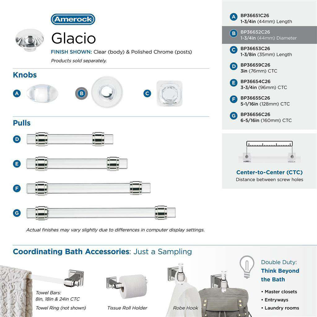 AMEROCK Glacio 1-3/4" Diameter Glass Cabinet Knob in Clear and Chrome BP36652C26 Collection