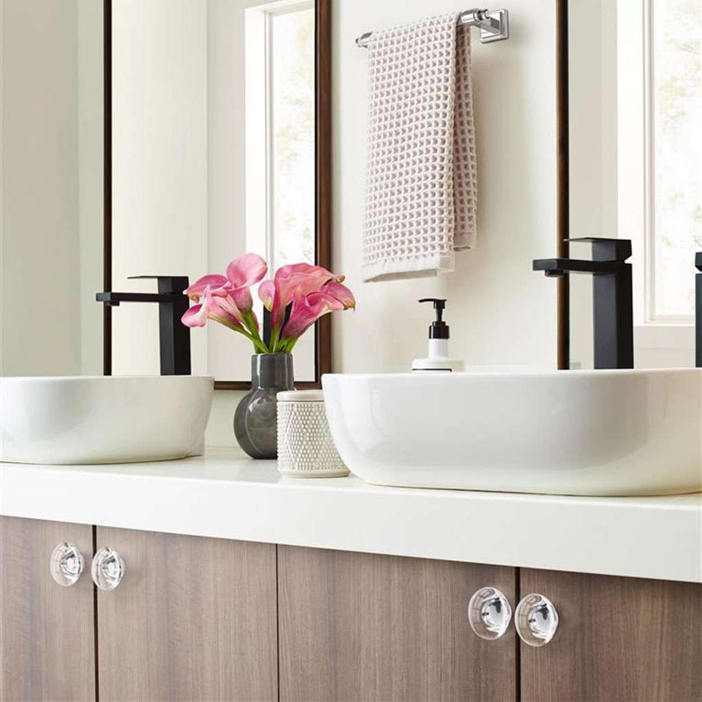 AMEROCK Glacio 1-3/4" Diameter Glass Cabinet Knob in Clear and Chrome BP36652C26 on Brown