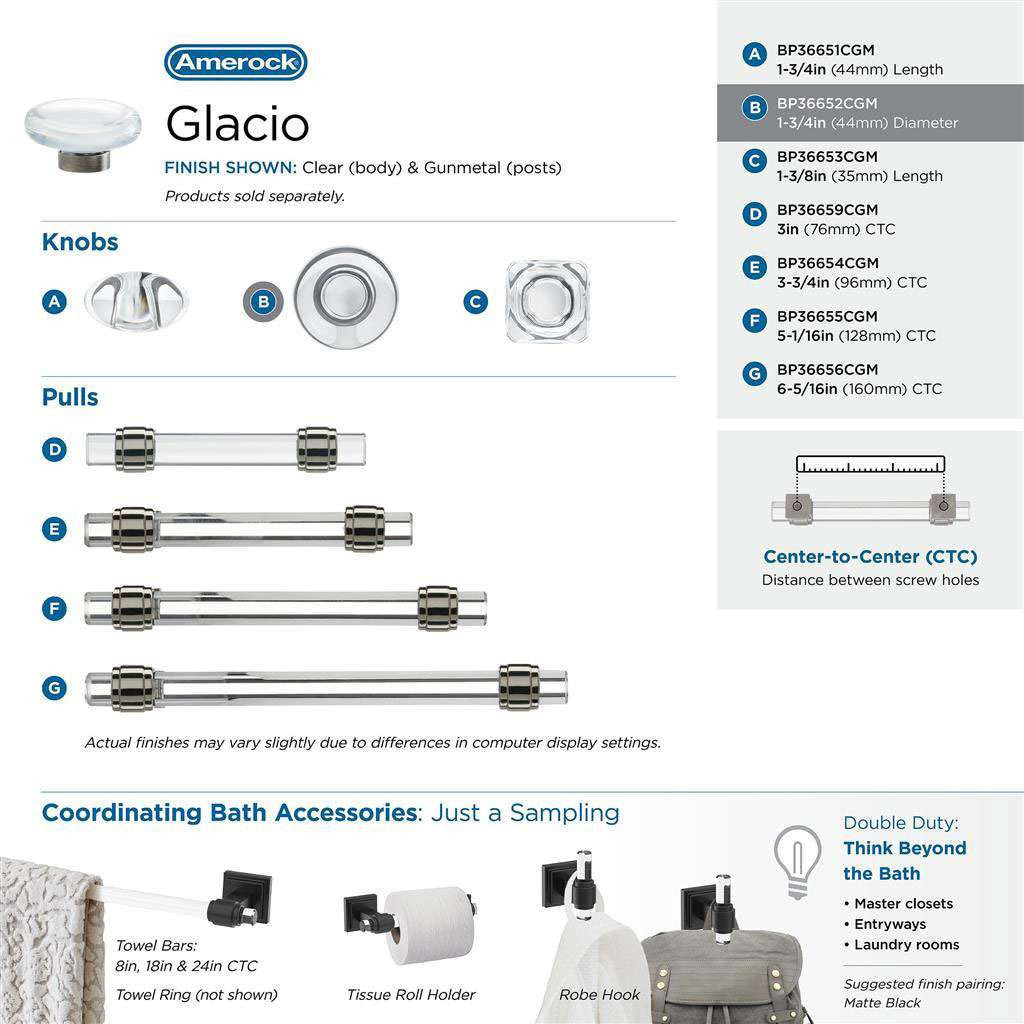 AMEROCK Glacio 1-3/4" Diameter Glass Cabinet Knob in Clear and Gunmetal BP36652CGM Collection