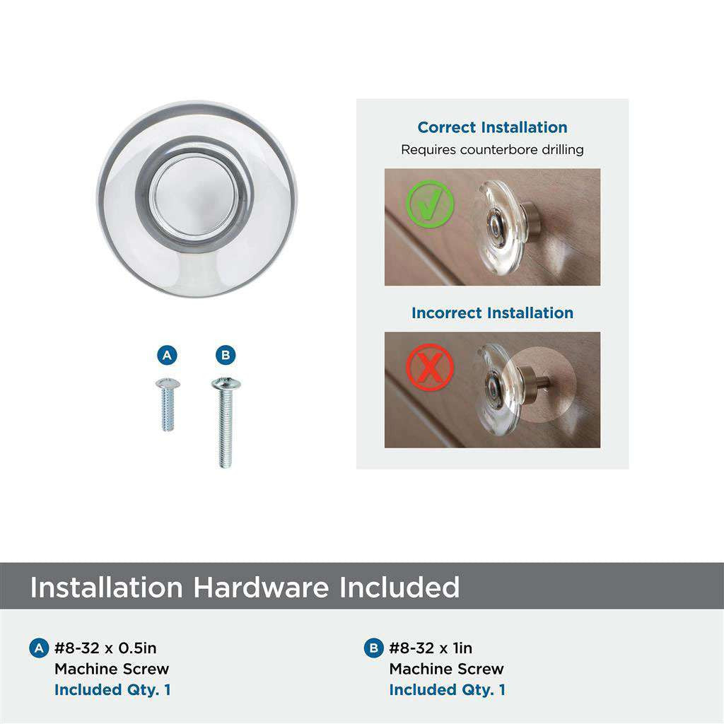 AMEROCK Glacio 1-3/4" Diameter Glass Cabinet Knob in Clear and Gunmetal BP36652CGM Installation Hardware