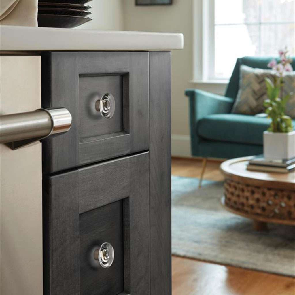 AMEROCK Glacio 1-3/4" Diameter Glass Cabinet Knob in Clear and Gunmetal BP36652CGM on Gray