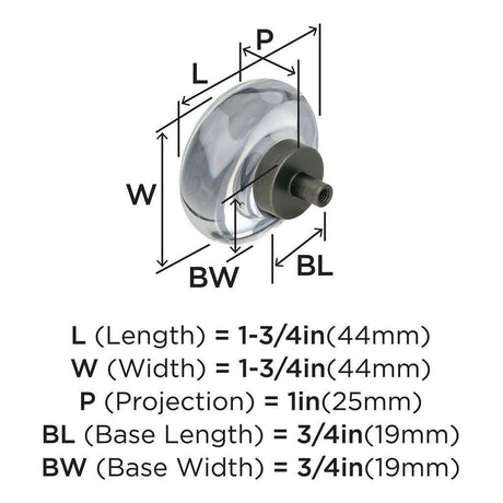 AMEROCK Glacio 1-3/4" Diameter Glass Cabinet Knob in Clear and Gunmetal BP36652CGM Specs
