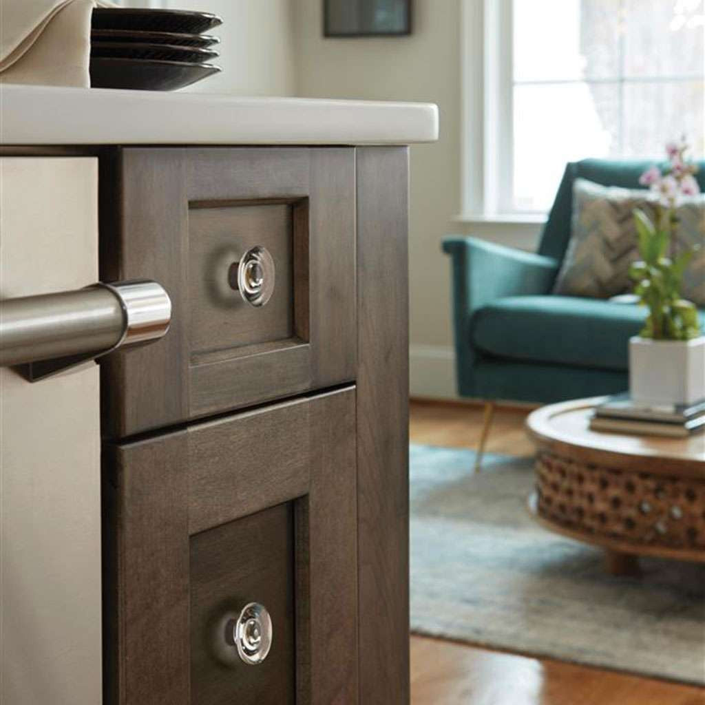 AMEROCK Glacio 1-3/4" Diameter Glass Cabinet Knob in Clear and Oil Rubbed Bronze BP36652CORB on Brown