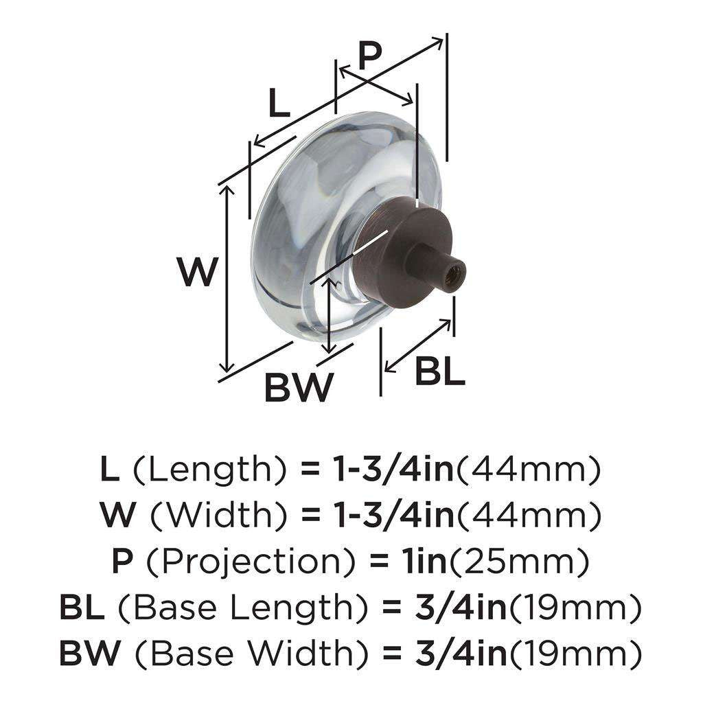 AMEROCK Glacio 1-3/4" Diameter Glass Cabinet Knob in Clear and Oil Rubbed Bronze BP36652CORB Specs