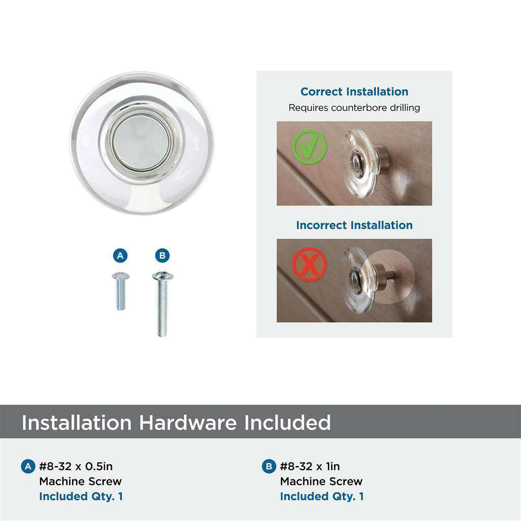 AMEROCK Glacio 1-3/4" Diameter Glass Cabinet Knob in Clear and Polished Nickel BP36652CPN Installation Hardware