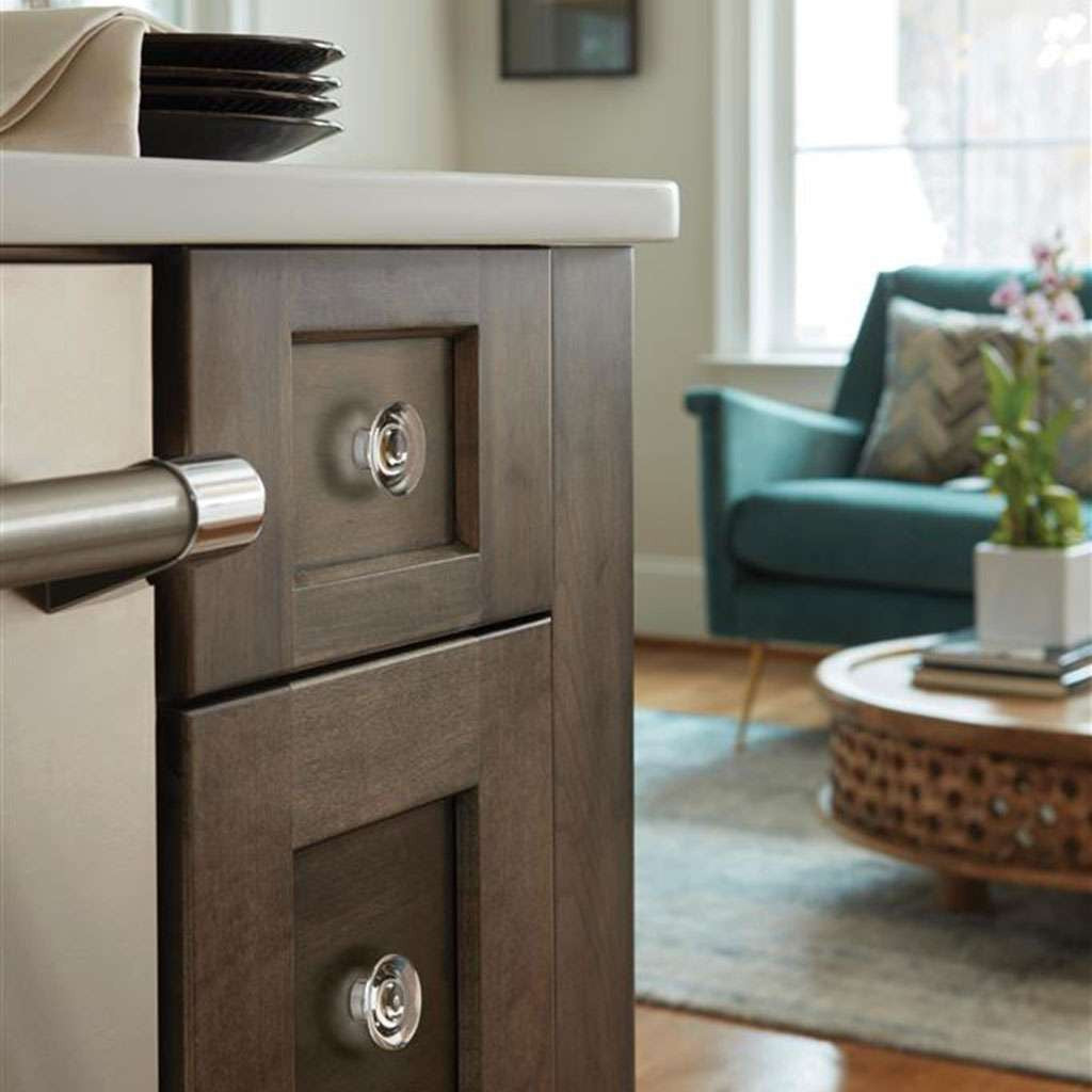 AMEROCK Glacio 1-3/4" Diameter Glass Cabinet Knob in Clear and Polished Nickel BP36652CPN on Brown