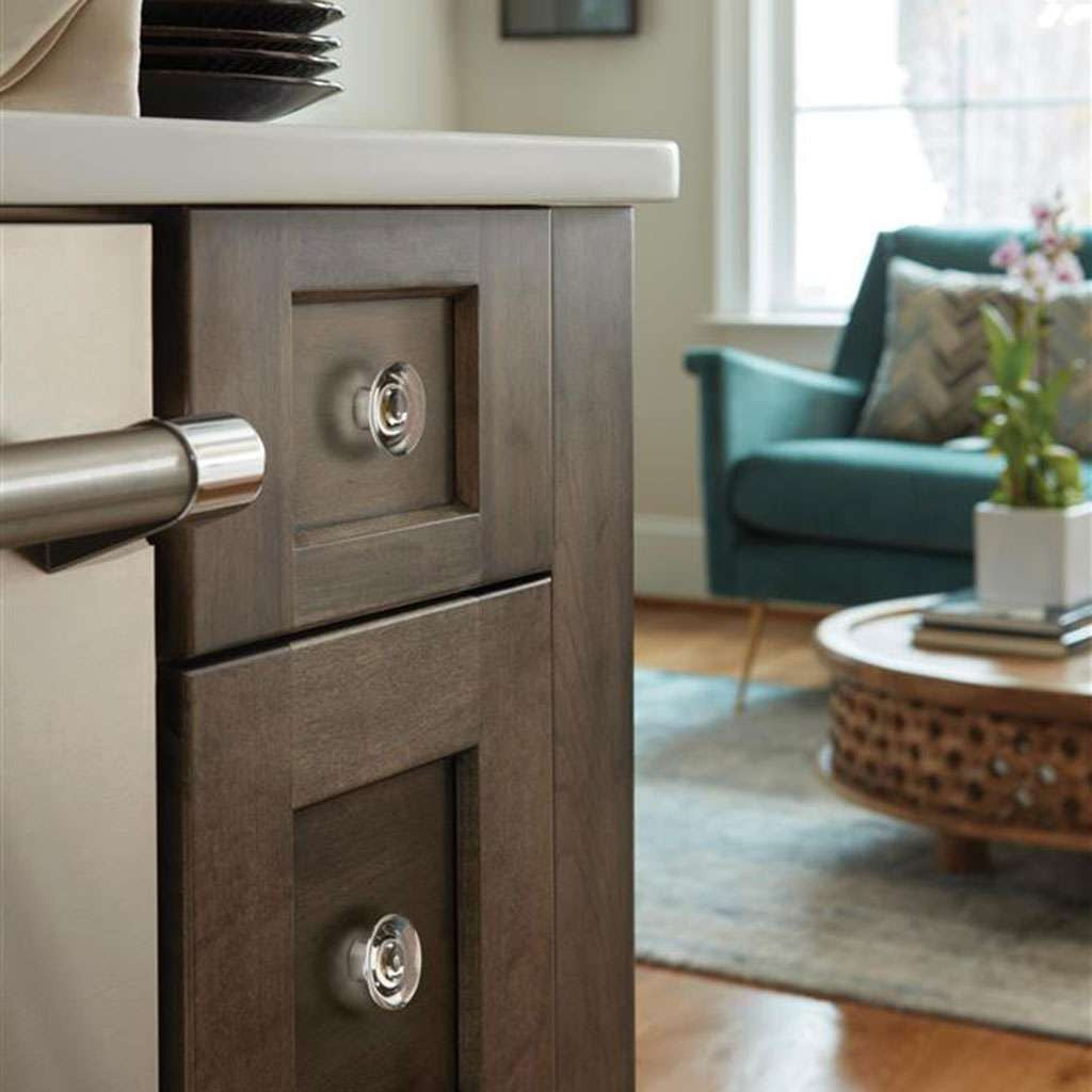 AMEROCK Glacio 1-3/4" Diameter Glass Cabinet Knob in Clear and Satin Nickel BP36652CG10 on Brown