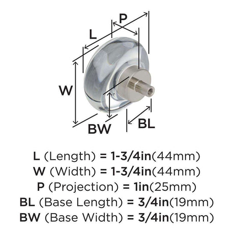 AMEROCK Glacio 1-3/4" Diameter Glass Cabinet Knob in Clear and Satin Nickel BP36652CG10 Specs
