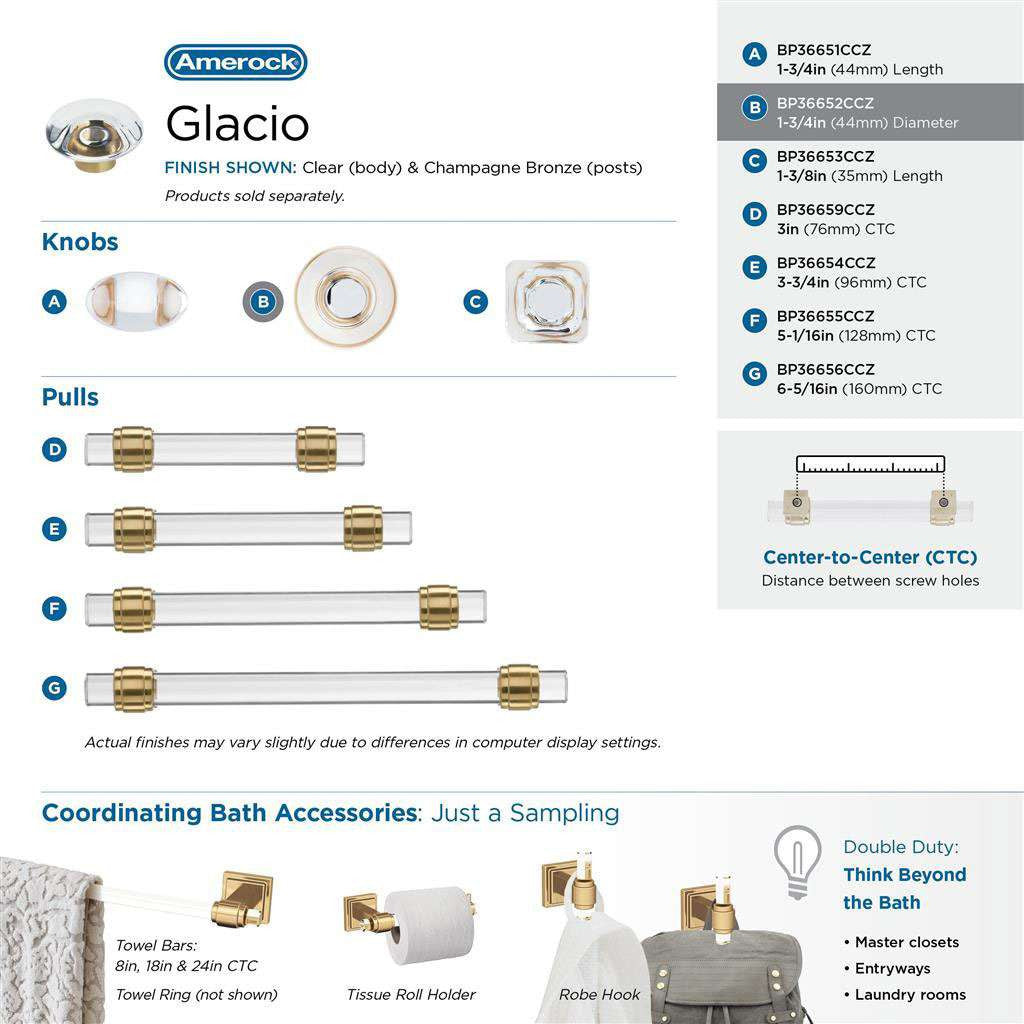 AMEROCK Glacio 1-3/4" Diameter Glass Cabinet Knob in Clear and Champagne Bronze BP36652C26 Collection