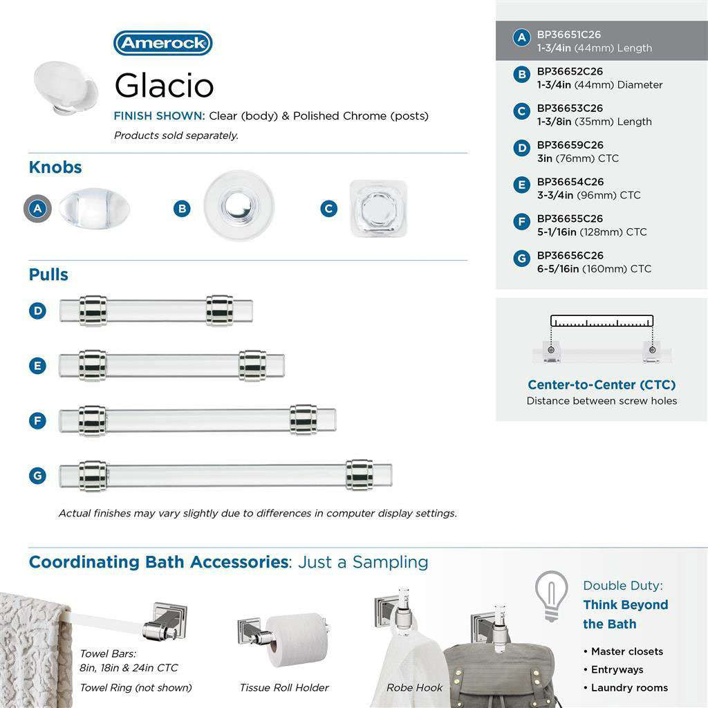 AMEROCK Glacio 1-3/4" Length Glass Oval Cabinet Knob in Chrome and Clear BP36651C26 Collection