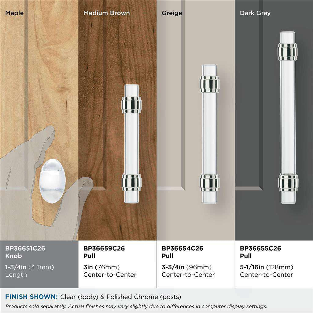 AMEROCK Glacio 1-3/4" Length Glass Oval Cabinet Knob in Chrome and Clear BP36651C26 Finishes