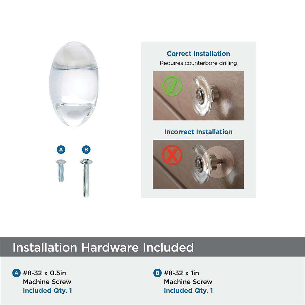 AMEROCK Glacio 1-3/4" Length Glass Oval Cabinet Knob in Chrome and Clear BP36651C26 Installation Hardware