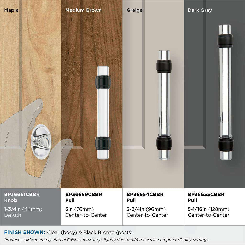 AMEROCK Glacio 1-3/4" Length Glass Oval Cabinet Knob in Clear and Black Bronze BP36651CBBR Finishes
