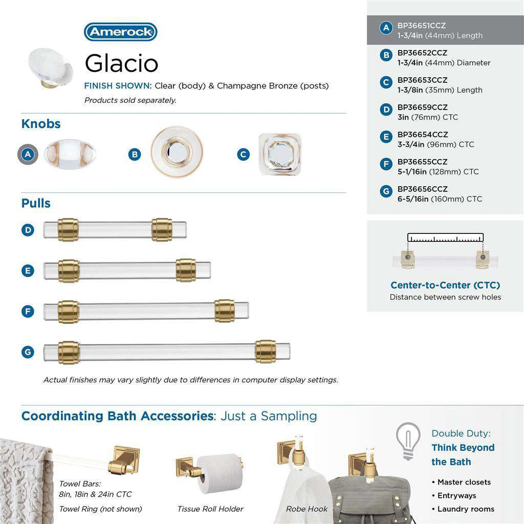 AMEROCK Glacio 1-3/4" Length Glass Oval Cabinet Knob in Clear and Champagne Bronze BP36651CCZ Collection