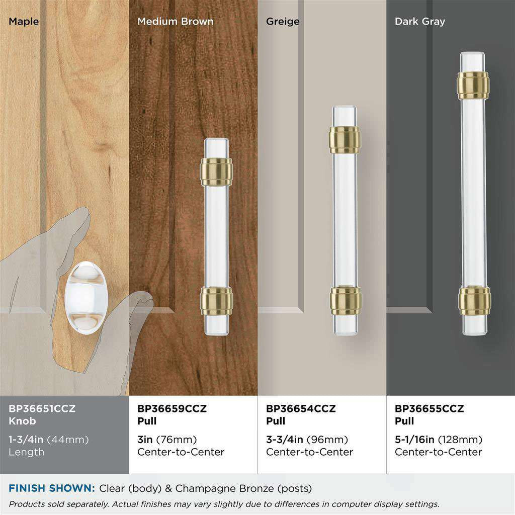 AMEROCK Glacio 1-3/4" Length Glass Oval Cabinet Knob in Clear and Champagne Bronze BP36651CCZ on Finishes