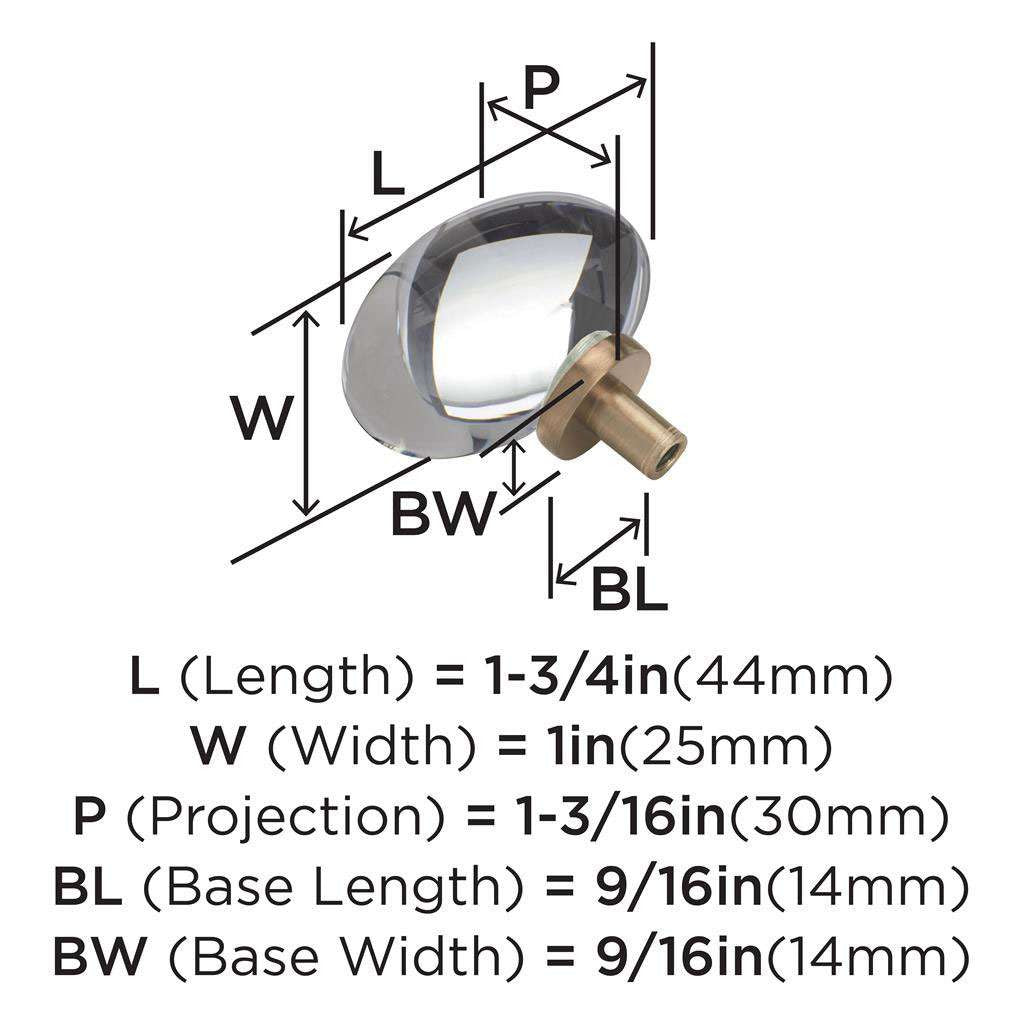 AMEROCK Glacio 1-3/4" Length Glass Oval Cabinet Knob in Clear and Champagne Bronze BP36651CCZ Specs