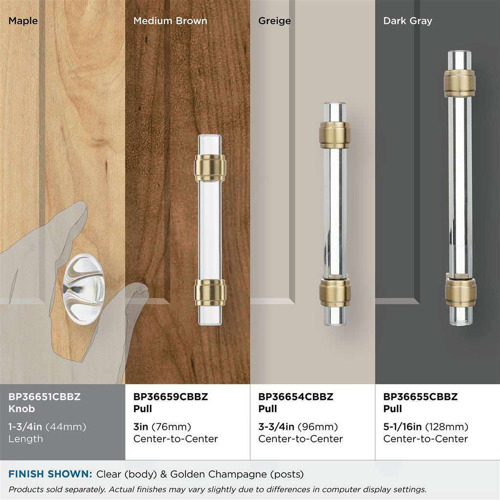 AMEROCK Glacio 1-3/4" Length Glass Oval Cabinet Knob in Clear and Golden Champagne BP36651CBBZ on Finishes