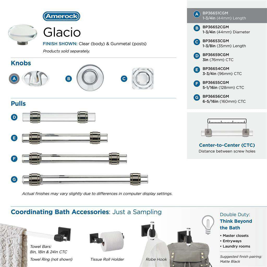 AMEROCK Glacio 1-3/4" Length Glass Oval Cabinet Knob in Clear and Gunmetal BP36651CGM Collection