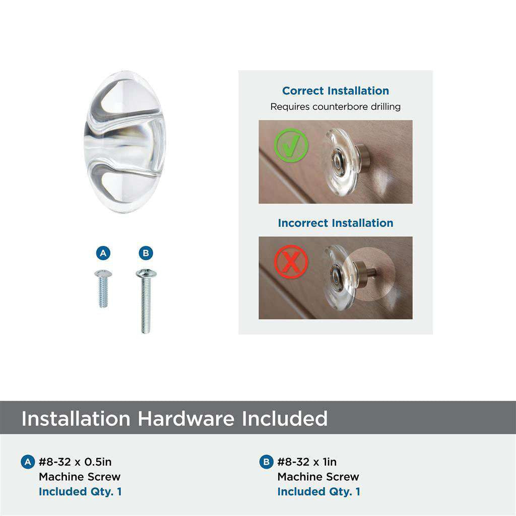 AMEROCK Glacio 1-3/4" Length Glass Oval Cabinet Knob in Clear and Gunmetal BP36651CGM Installation Hardware