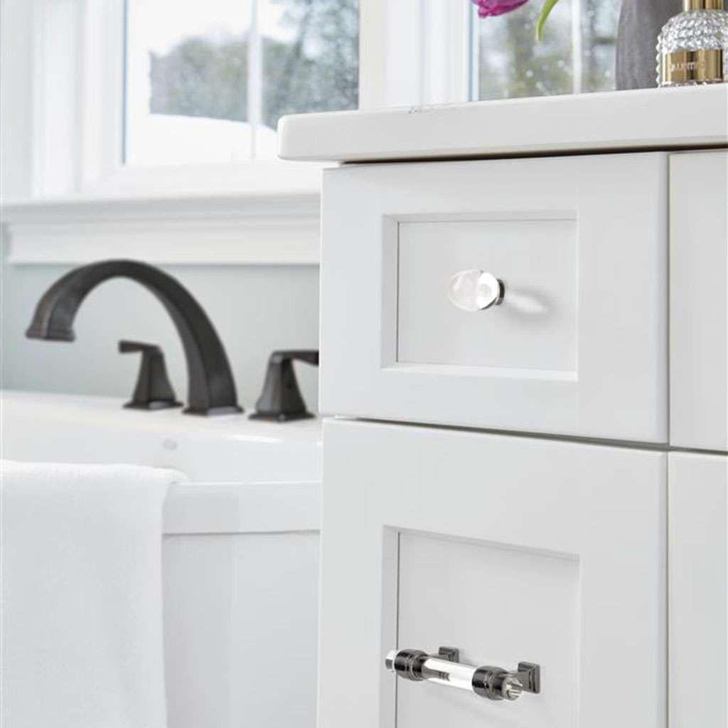 AMEROCK Glacio 1-3/4" Length Glass Oval Cabinet Knob in Clear and Gunmetal BP36651CGM on White