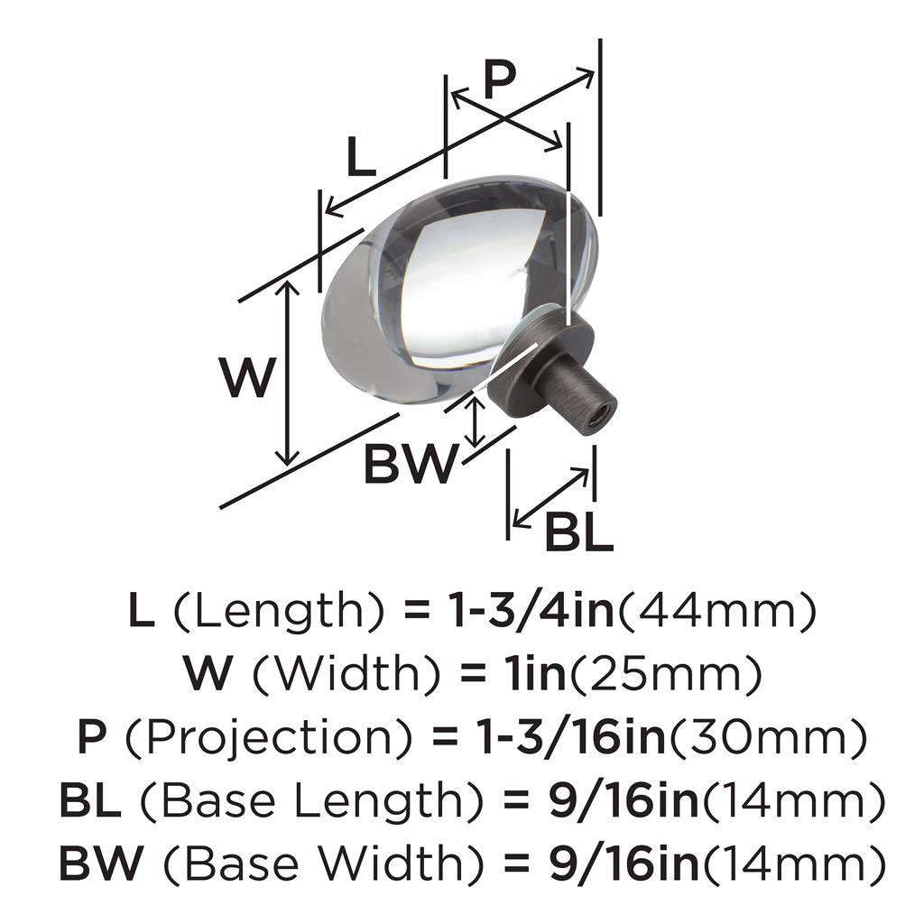AMEROCK Glacio 1-3/4" Length Glass Oval Cabinet Knob in Clear and Gunmetal BP36651CGM Specs