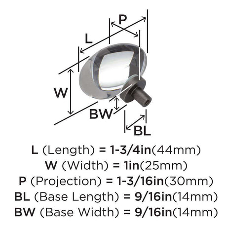 AMEROCK Glacio 1-3/4" Length Glass Oval Cabinet Knob in Clear and Gunmetal BP36651CGM Specs