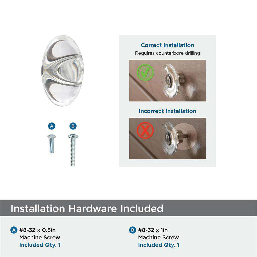 AMEROCK Glacio 1-3/4" Length Glass Oval Cabinet Knob in Clear and Oil Rubbed Bronze BP36651CORB Installation Hardware