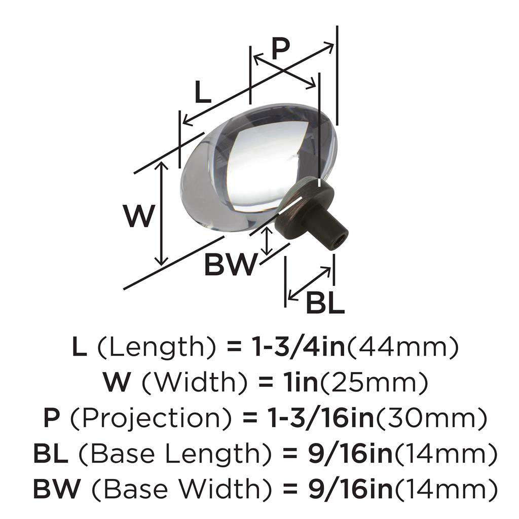 AMEROCK Glacio 1-3/4" Length Glass Oval Cabinet Knob in Clear and Oil Rubbed Bronze BP36651CORB Specs