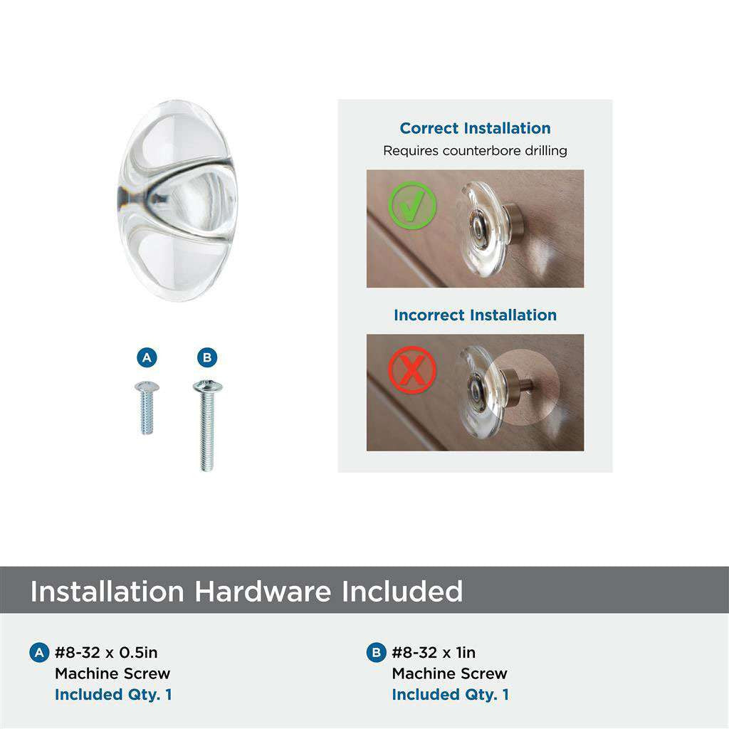 AMEROCK Glacio 1-3/4" Length Glass Oval Cabinet Knob in Clear and Polished Nickel BP36651CPN Installation Hardware