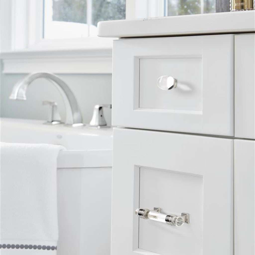 AMEROCK Glacio 1-3/4" Length Glass Oval Cabinet Knob in Clear and Polished Nickel BP36651CPN on White