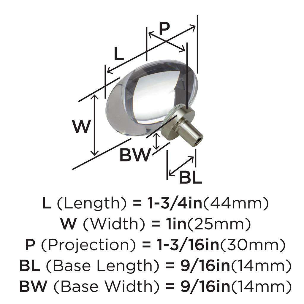 AMEROCK Glacio 1-3/4" Length Glass Oval Cabinet Knob in Clear and Polished Nickel BP36651CPN Specs