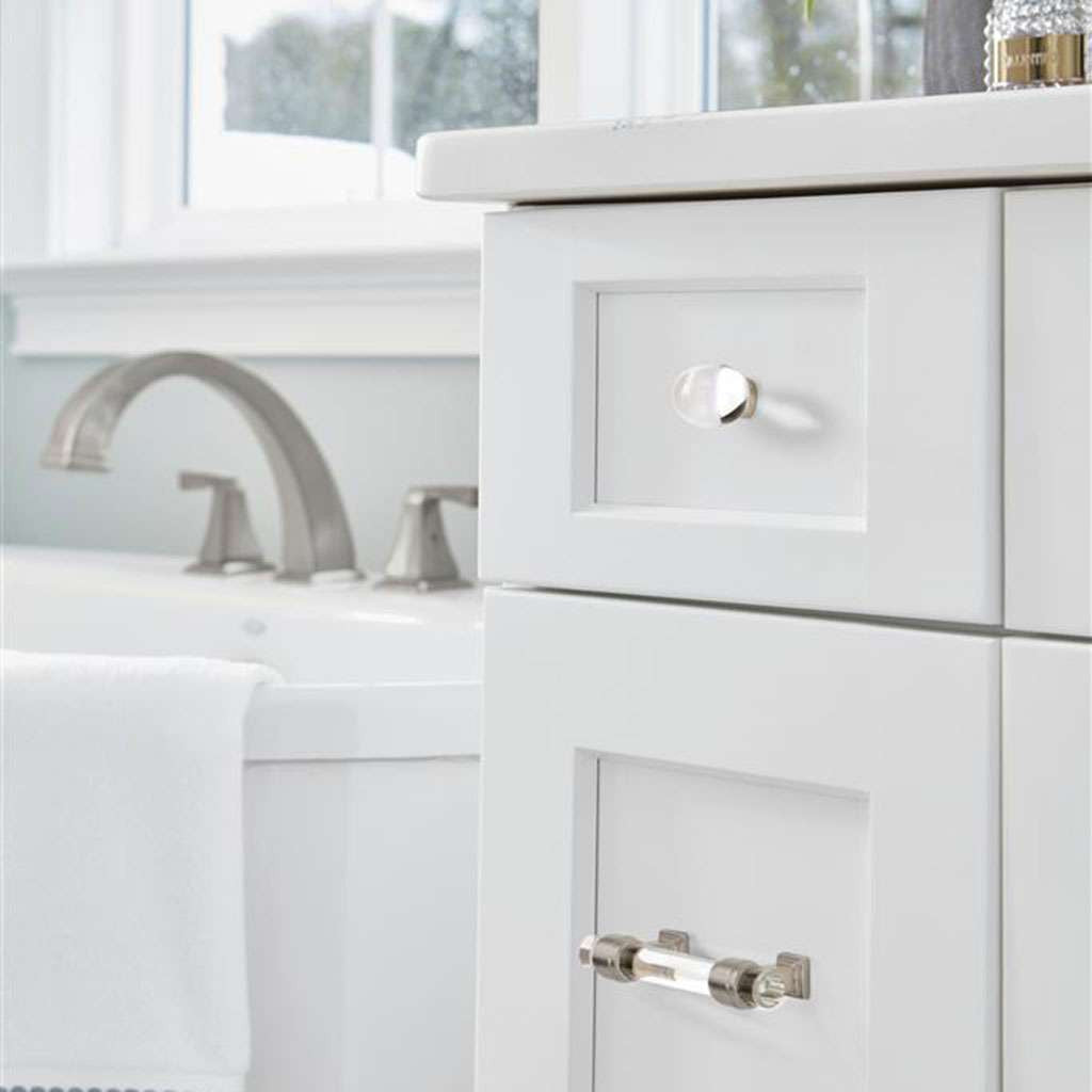 AMEROCK Glacio 1-3/4" Length Glass Oval Cabinet Knob in Clear and Satin Nickel BP36651CG10 on White