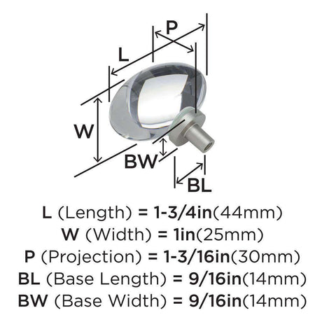 AMEROCK Glacio 1-3/4" Length Glass Oval Cabinet Knob in Clear and Satin Nickel BP36651CG10 Specs