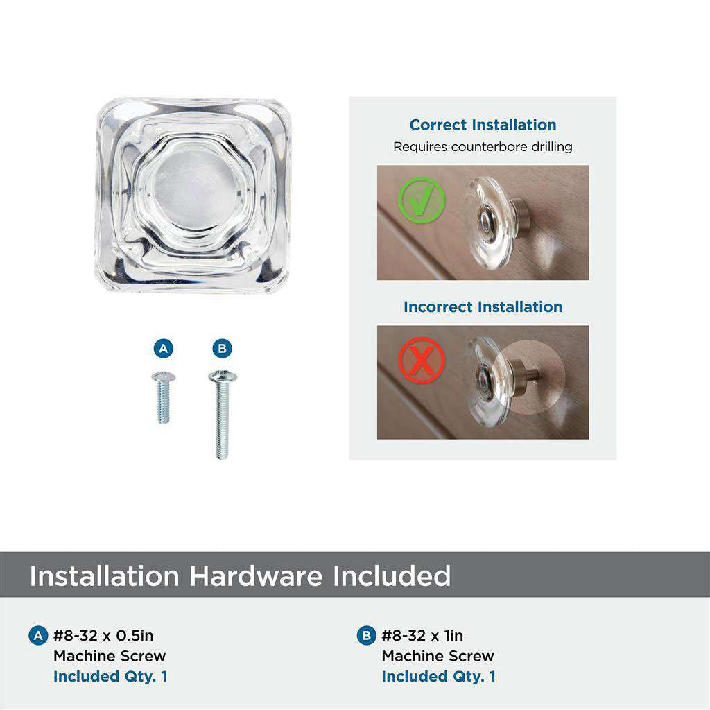 AMEROCK Glacio 1-3/8" Length Glass Square Cabinet Knob in Clear and Black Bronze BP36651CBBR Installation Hardware