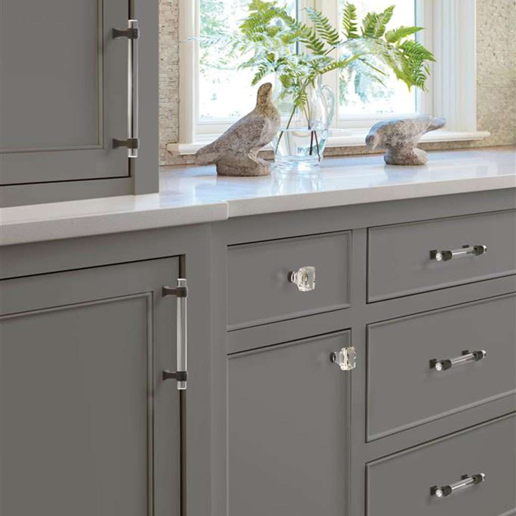 AMEROCK Glacio 1-3/8" Length Glass Square Cabinet Knob in Clear and Black Bronze BP36651CBBR on Gray