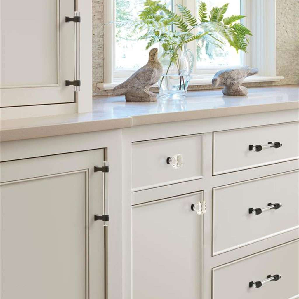 AMEROCK Glacio 1-3/8" Length Glass Square Cabinet Knob in Clear and Black Bronze BP36651CBBR on White